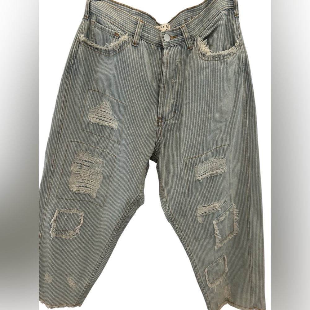 POL Women’s Distressed Patched Striped Jeans Sz S Baggy Super Soft NWOT
